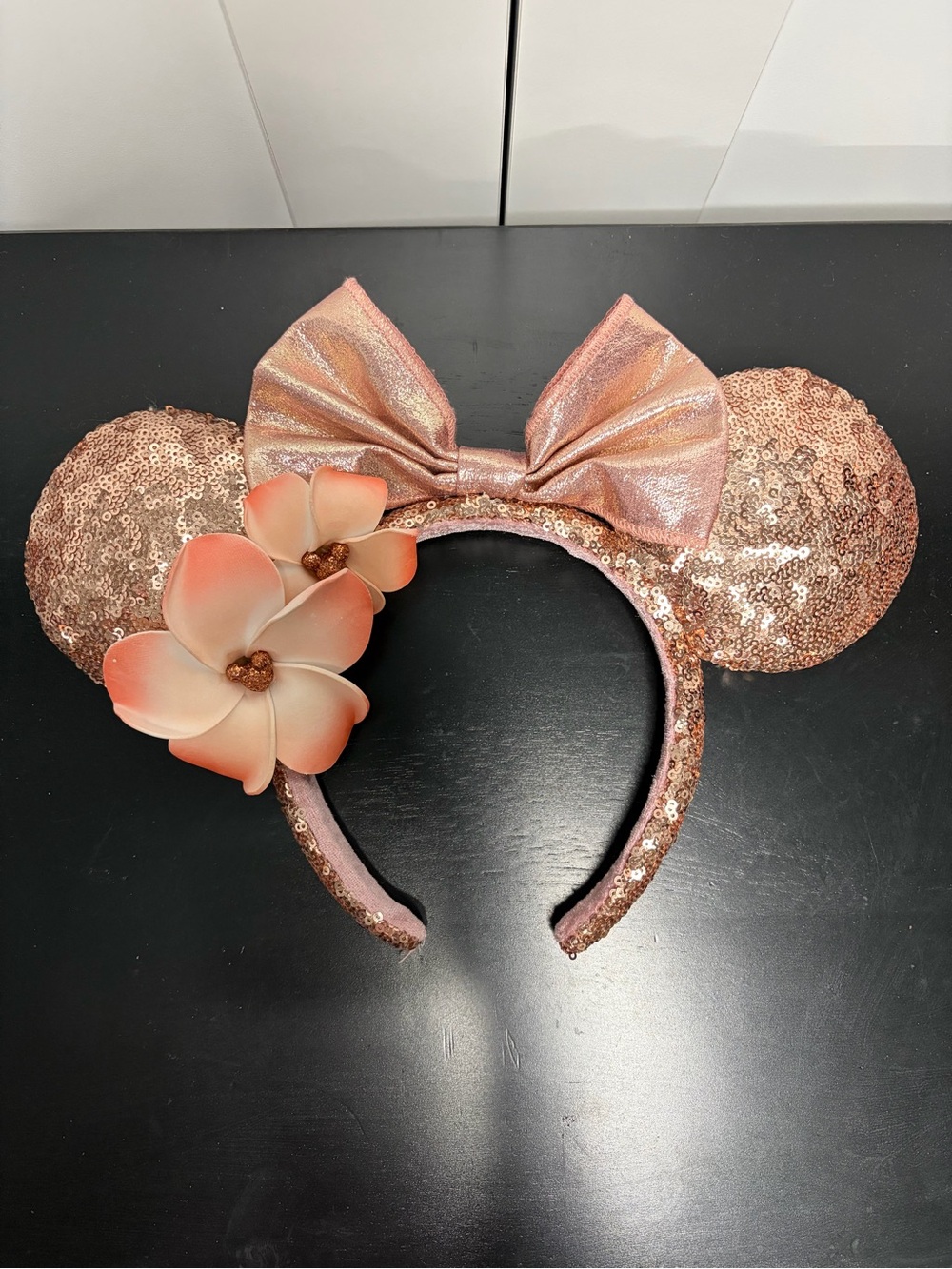 Disney Parks Rose Gold Sequin Minnie Ears with Plumeria Flowers - Aulani Resort